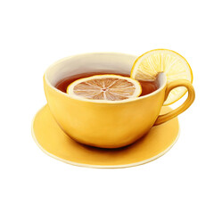 A comforting cup of tea with a lemon slice, perfect for a moment of relaxation. The tea and lemon create a refreshing and inviting scene.