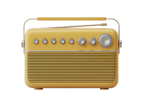 A beautifully rendered close up of a retro yellow radio receiver with antenna and controls for music listening.
