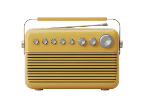 A beautifully rendered close up of a retro yellow radio receiver with antenna and controls for music listening.