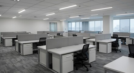 Empty office space with cubicles and chairs ready for new employees to start