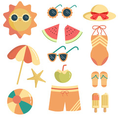 A Cheerful Collection of Summer Holiday Essentials: Smiling Sun, Sunglasses, Watermelon, Beach Ball, Umbrella, Swimsuit, Hat, Drink, Starfish, Flip Flops, and Popsicles.