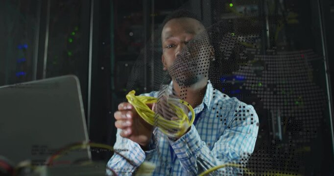IT specialist plugging yellow patch cable among server racks, displaying moving data flow graphics