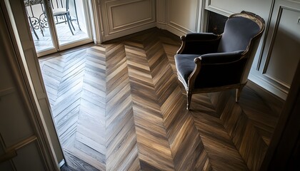 Interior view of a room with herringbone hardwood floors.