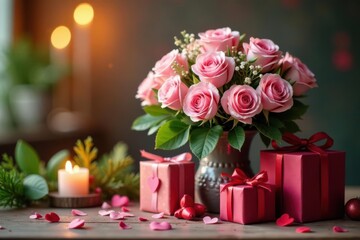 Obraz premium Romantic bouquet of pink roses in a vase with gifts and candlelight on a wooden table