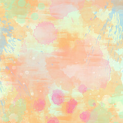 Colorful pastel watercolor background with splashes, stains, and textured overlay in soft peach, mint, and pink tones