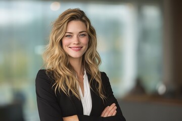 Professional Woman in Business Attire with Confident Smile and Arms Crossed – Corporate Portrait with Blonde Hair, Black Blazer, Modern Office, Soft Lighting, and High-Resolution Studio Image