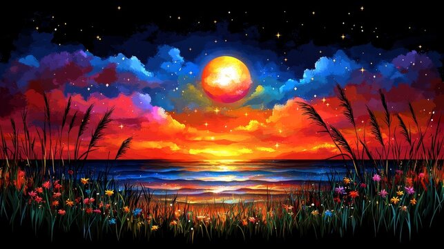 Cosmic Sunset Seascape: A vibrant digital art piece depicts a mesmerizing sunset over a tranquil ocean, with a fiery sky ablaze with orange and pink hues, scattered with twinkling stars.  