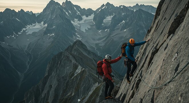 Climbers Scaling Mountain Cliff Face with Dramatic Landscape Background