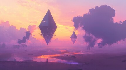 Mountain landscape at sunset with a pyramid shape under a cloudy sky
