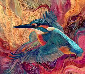 an abstract drawing of a kingfisher with colorful lines, precisionist lines, light red and indigo, colorful turbulence with mixed pattern colorful background