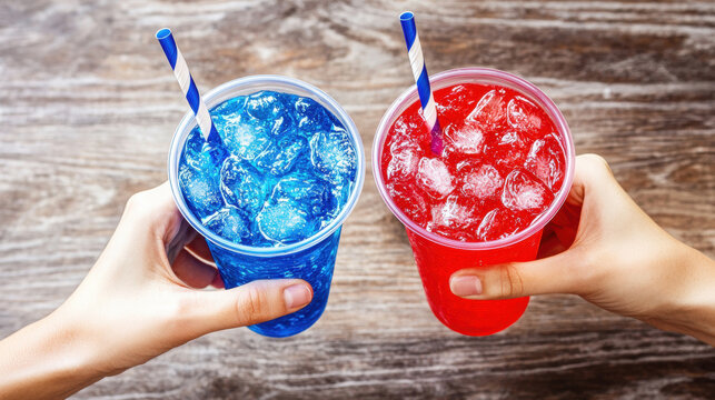 4th july celebration with two hands holding blue and red iced drinks in plastic cups with striped straws on wooden table - Powered by Adobe