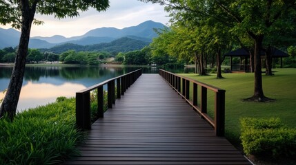 Fototapeta premium Leeyongjay's idyllic landscape depicts a tranquil wooden pier extending into a serene lake reflecting mountains under a soft twilight sky. It's beautiful!
