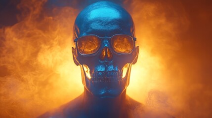 Skull in Smoke: A silver skull with sunglasses stares intensely through a swirling vortex of orange smoke, symbolizing mystery, danger, and the inevitability of life's end. 