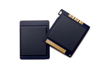  Black, simple, and cute in style, two new advanced black memory cards with yellow chips on the front side, transparent background,