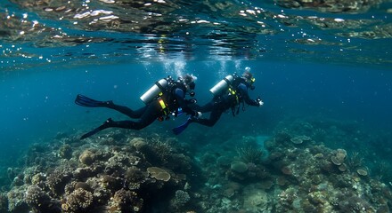 Divers Swimming Underwater Near Coral Reef Exploring Ocean Life