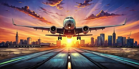 Retro Airplane Ink Sketch Takeoff City Skyline Bokeh - Vintage Aviation Stock Photo