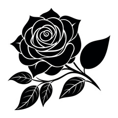 Black Rose Silhouette with Leaves &ndash; Elegant Floral Vector Illustration