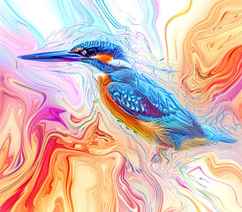 Obraz premium an abstract drawing of a kingfisher with colorful lines, precisionist lines, light red and indigo, colorful turbulence with mixed pattern colorful background