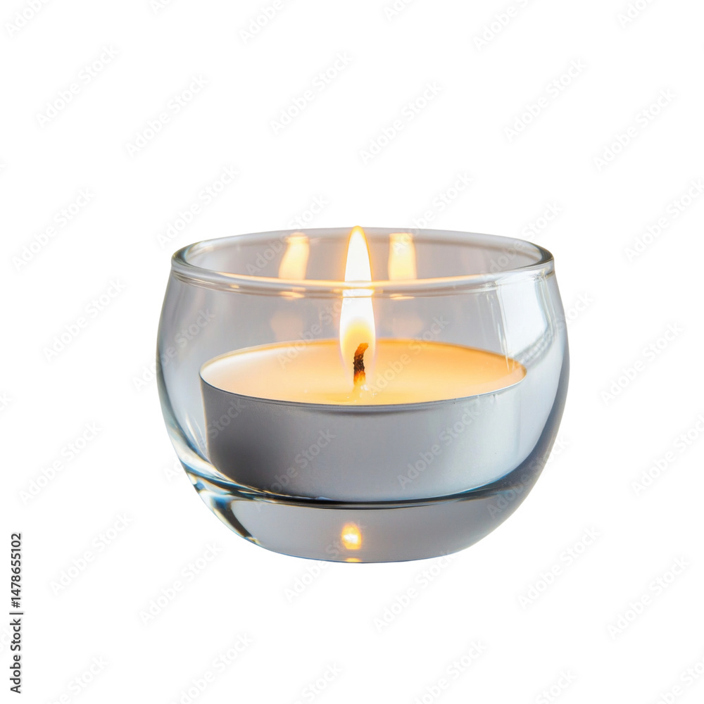 Poster glowing candle in clear glass holder, creating warm and inviting atmosphere. perfect for relaxation 