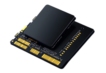 Black, simple, and cute in style, two new advanced black memory cards with yellow chips on the front side, transparent background,