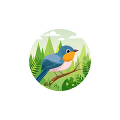 A cute blue bird with an orange chest perches on a branch against a backdrop of green trees and foliage within a circular frame.