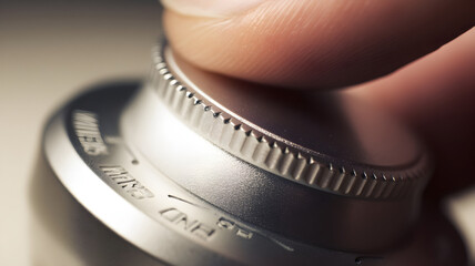 Precise manual control, finger operating a textured metallic dial in a close-up shot