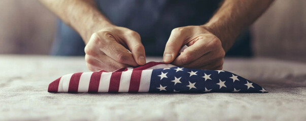 Hands carefully folding 4th of July American flag, symbolizing patriotism, respect, and national pride in solemn indoor setting