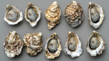 Fresh Oysters top view. Open oysters on a gray table. Healthy sea food. French Oyster dinner in restaurant.