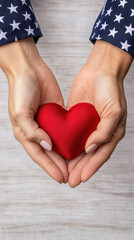 Obraz premium Hands gently holding red heart symbolize love and unity for 4th of July celebration with patriotic star pattern on sleeve