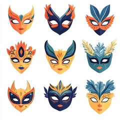 Set of Pixelated Carnival Masks Featuring Geometric and Flat Vector Designs on White Background