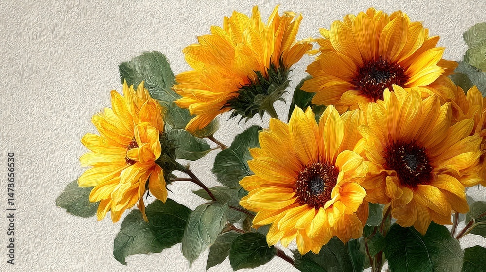 Poster Bright and cheerful vase of sunflowers on a matte cream background perfect for adding warmth and joy to any setting
