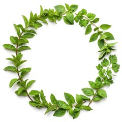Mint leaves and parsley wreath on white background