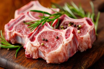 Fototapeta premium Raw lamb ribs on wooden board
