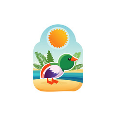 A colorful cartoon duck with a green head and orange beak walks on a sandy beach near blue water under a bright sun and palm trees.