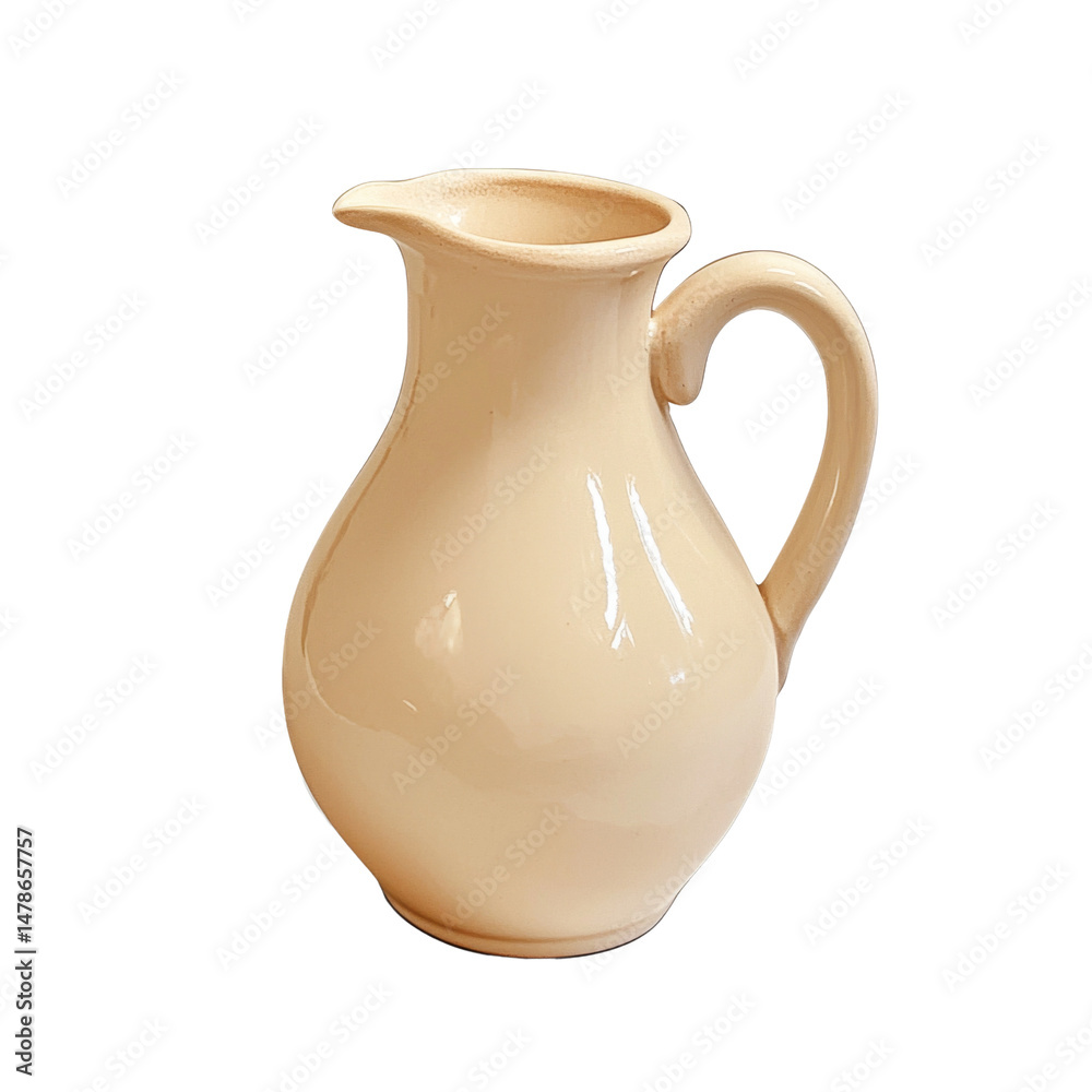 Poster smooth, beige ceramic pitcher with curved handle, perfect for serving beverages or as decorative pie
