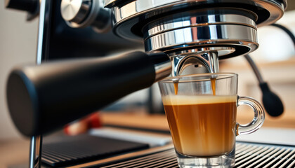 Espresso machine fills glass cup with hot coffee, bringing sense of anticipation and warmth. rich aroma promises an invigorating and satisfying experience