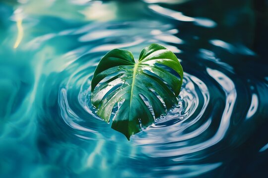 A vibrant green monstera leaf floating in tranquil blue water creating gentle circular ripples - Powered by Adobe