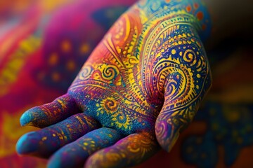 Obraz premium A vibrantly colorful hand adorned with intricate designs and bursting with vivid shades of powders in focus.