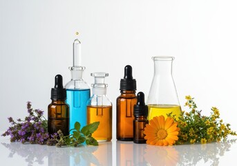 Assorted essential oil bottles and herbs for aromatherapy on white background