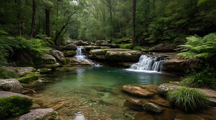 Obraz premium Serene woodland scene with waterfalls