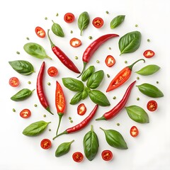 "Flat lay of red chili peppers, basil leaves, and spices arranged in a symmetrical pattern."

