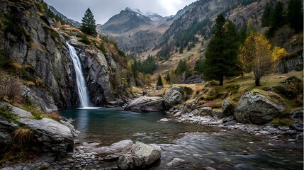 Serene waterfall cascading into mountain pool scenery