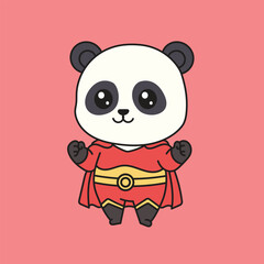 Adorable cartoon panda dressed as a superhero with a red cape and suit. Perfect for children's designs, kawaii illustrations, mascot, and fun character artwork.