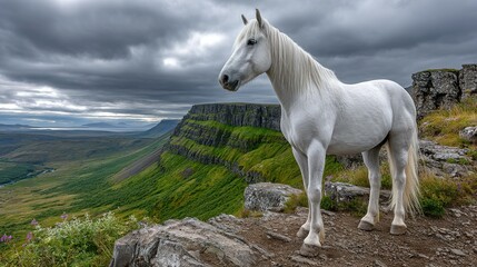 White horse on mountain overlook