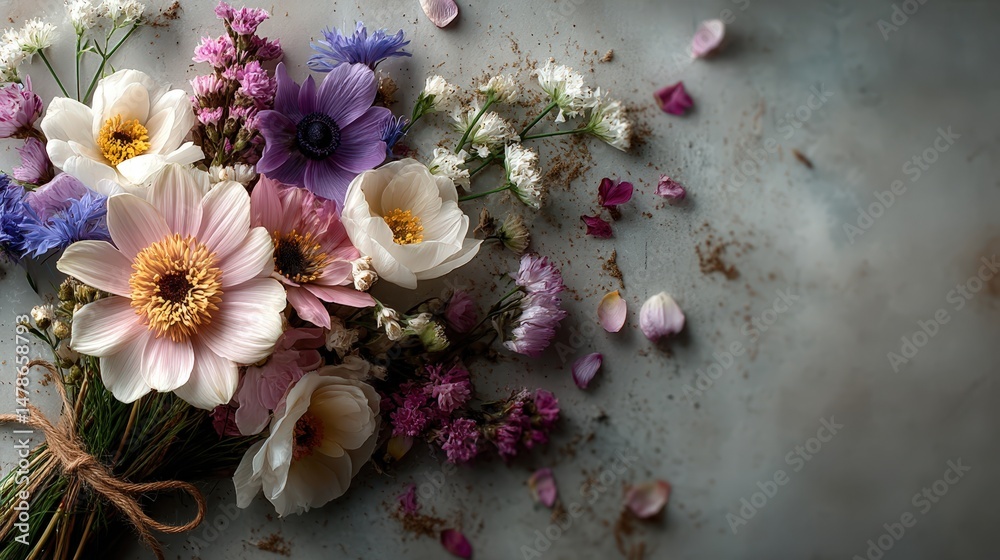 Poster charming bunch of freshly picked flowers displayed on a rustic table with natural lighting enhancing