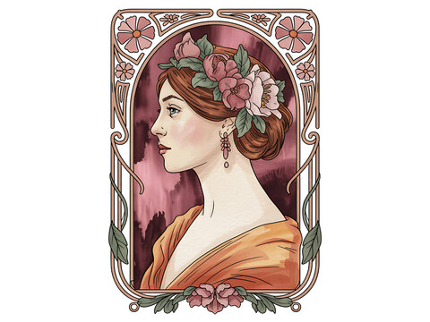 Art nouveau style portrait of a woman adorned with flowers and elegantly framed - Powered by Adobe