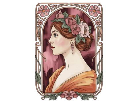 Art nouveau style portrait of a woman adorned with flowers and elegantly framed