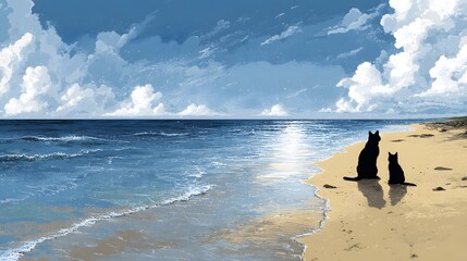 Cat sitting gracefully on the warm sand of a beach enjoying a relaxing summer day