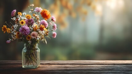 A bouquet of colorful wildflowers in a glass vase on a table adding natural beauty
