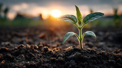 Fresh green plant emerging from the ground reaching up towards the bright sky above